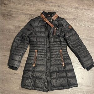 Handstich Women's Black Quilted Down Jacket with Brown Accents